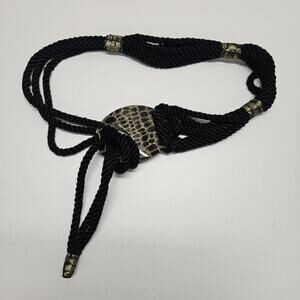 Vtg 1980's Women's Black Woven Rope Belt Acrylic Buckle Statement Belt One Size